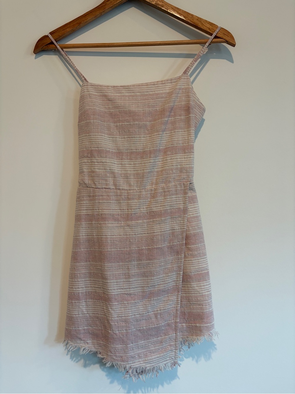 Cotton Candy LA Size S Pink White Striped Fray Hem Tie Back Surplice Romper